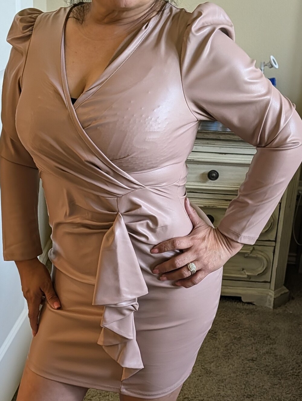 Faux-Leather Wrap Dress with Ruffle Tie in Blush Pink